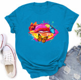 Multi-Color Butterfly Mouth Print Fashion Short Sleeve T-Shirt