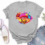 Multi-Color Butterfly Mouth Print Fashion Short Sleeve T-Shirt