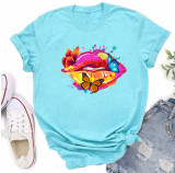 Multi-Color Butterfly Mouth Print Fashion Short Sleeve T-Shirt