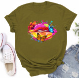 Multi-Color Butterfly Mouth Print Fashion Short Sleeve T-Shirt