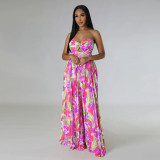 Fashion Ladies Summer Sexy Low Back Print Wide Leg Jumpsuit
