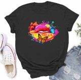 Multi-Color Butterfly Mouth Print Fashion Short Sleeve T-Shirt