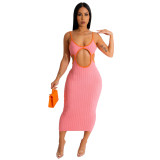 Women'S Solid Color Hollow Knitting Contrasting Color Straps Dress