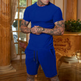 Summer Men'S Solid Color Short-Sleeved T-Shirt Shorts Sports Two Piece Suit