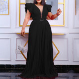 Women Sexy Short Sleeve Pleated Wide Leg Jumpsuit with Belt