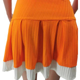 Women Casual Sexy Colorblock Zipper Top And Pleated Skirt Two-Piece Set