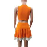 Women Casual Sexy Colorblock Zipper Top And Pleated Skirt Two-Piece Set