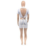 Women Summer Stripe Print Lace-Up Sexy Backless Two-Piece Set