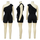 Women's Slim Waist Lace-up Short Slash Shoulder Ruffle Jumpsuit