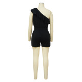 Women's Slim Waist Lace-up Short Slash Shoulder Ruffle Jumpsuit