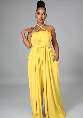 Solid Color Summer Sleeveless Slim Waist Wrapped Breast Loose Wide Leg Women's Jumpsuit