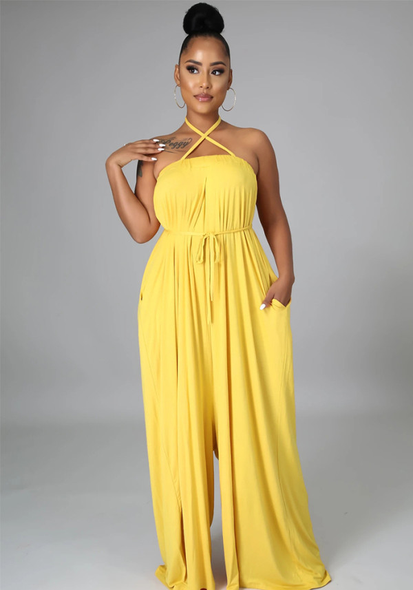 Solid Color Summer Sleeveless Slim Waist Wrapped Breast Loose Wide Leg Women's Jumpsuit