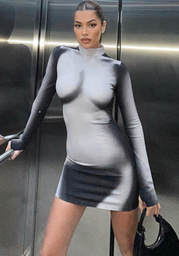 Women's Summer Fashion Casual Body Print Long Sleeve Slim Round Neck Short Dress