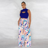 Women's Fashion Sleeveless Round Neck Cropped Top Printed Wide Leg Pants Two-Piece Set