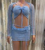 Women's Sequined Knitting Long Sleeve Three-Piece Skirt Set