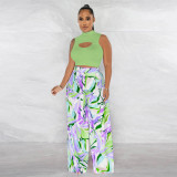 Women's Fashion Sleeveless Round Neck Cropped Top Printed Wide Leg Pants Two-Piece Set