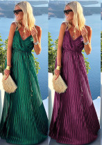 Spring Summer Sexy Strap Maxi Dress Belted Loose Swing Dress