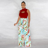 Women's Fashion Sleeveless Round Neck Cropped Top Printed Wide Leg Pants Two-Piece Set