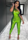 Sexy One Shoulder Solid Color Sleeveless Slim Fitted Pu Leather Jumpsuit