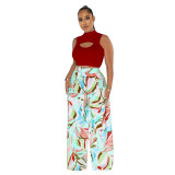 Women's Fashion Sleeveless Round Neck Cropped Top Printed Wide Leg Pants Two-Piece Set