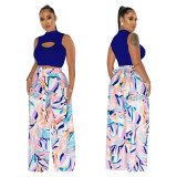 Women's Fashion Sleeveless Round Neck Cropped Top Printed Wide Leg Pants Two-Piece Set