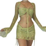 Women's Sequined Knitting Long Sleeve Three-Piece Skirt Set
