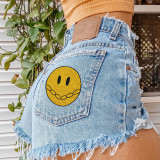 Spring Summer Casual Print Denim Short High Rise Slim Fit Pants