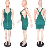 Women's Clothing Denim Solid Color Straps Buckle Zipper Dress Casual Mini Dress