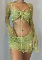 Women's Sequined Knitting Long Sleeve Three-Piece Skirt Set