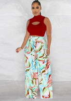 Women's Fashion Sleeveless Round Neck Cropped Top Printed Wide Leg Pants Two-Piece Set