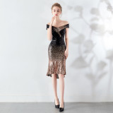 Wrapped See-Through L Gradient Sequins Bodycon Sexy Wedding Formal Party Dress
