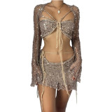 Women's Sequined Knitting Long Sleeve Three-Piece Skirt Set