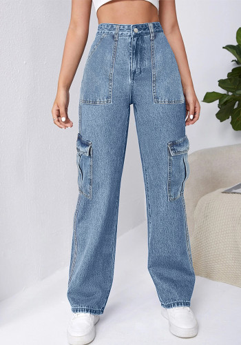 Women Fashion Style Denim Straight Cargo Pants Casual Jeans