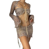 Women's Sequined Knitting Long Sleeve Three-Piece Skirt Set