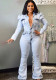 Casual Turndown Collar Button Up Long Sleeve Stretch Bell Bottom Wash Denim Jumpsuit