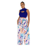 Women's Fashion Sleeveless Round Neck Cropped Top Printed Wide Leg Pants Two-Piece Set