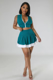 Women Sleeveless Zip Vest and Skirt Two-Piece Set