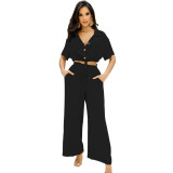 Women Short Polo Collar Crop Top and Pants Two-Piece Set