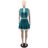Women Sleeveless Zip Vest and Skirt Two-Piece Set