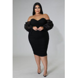 Plus Size Women Mesh Pleated Long Sleeve Dress