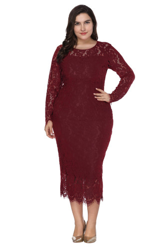 Plus Size Women Long Sleeve Lace Dress