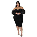 Plus Size Women Mesh Pleated Long Sleeve Dress