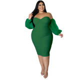 Plus Size Women Mesh Pleated Long Sleeve Dress