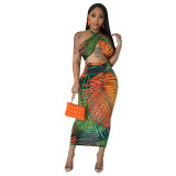 Women's Sexy Sleeveless Lace-Up Low Back Dress Slit Print Maxi Dress