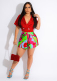 Women's Stiff Double Breasted Blazer Short Sleeve Top Print Short Set Two-Piece