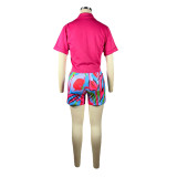 Women's Stiff Double Breasted Blazer Short Sleeve Top Print Short Set Two-Piece