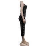Women's Fashion Solid Color Camisole Sleeveless Mesh Beaded Maxi Dress
