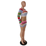 Women's long-sleeved knitting striped sexy contrast color hollow dress