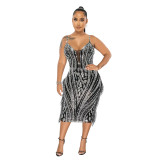 Women's Fashion Solid Color Camisole Sleeveless Mesh Beaded Maxi Dress