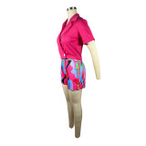 Women's Stiff Double Breasted Blazer Short Sleeve Top Print Short Set Two-Piece